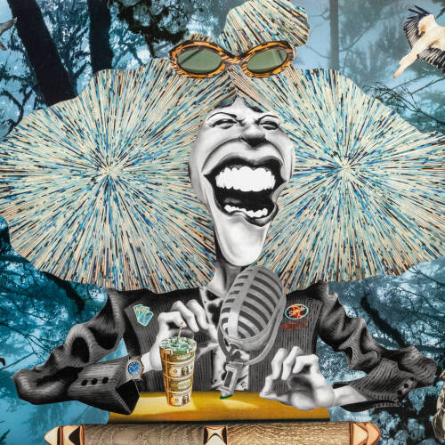 Paper collage of a person at a podium with a large microphone.